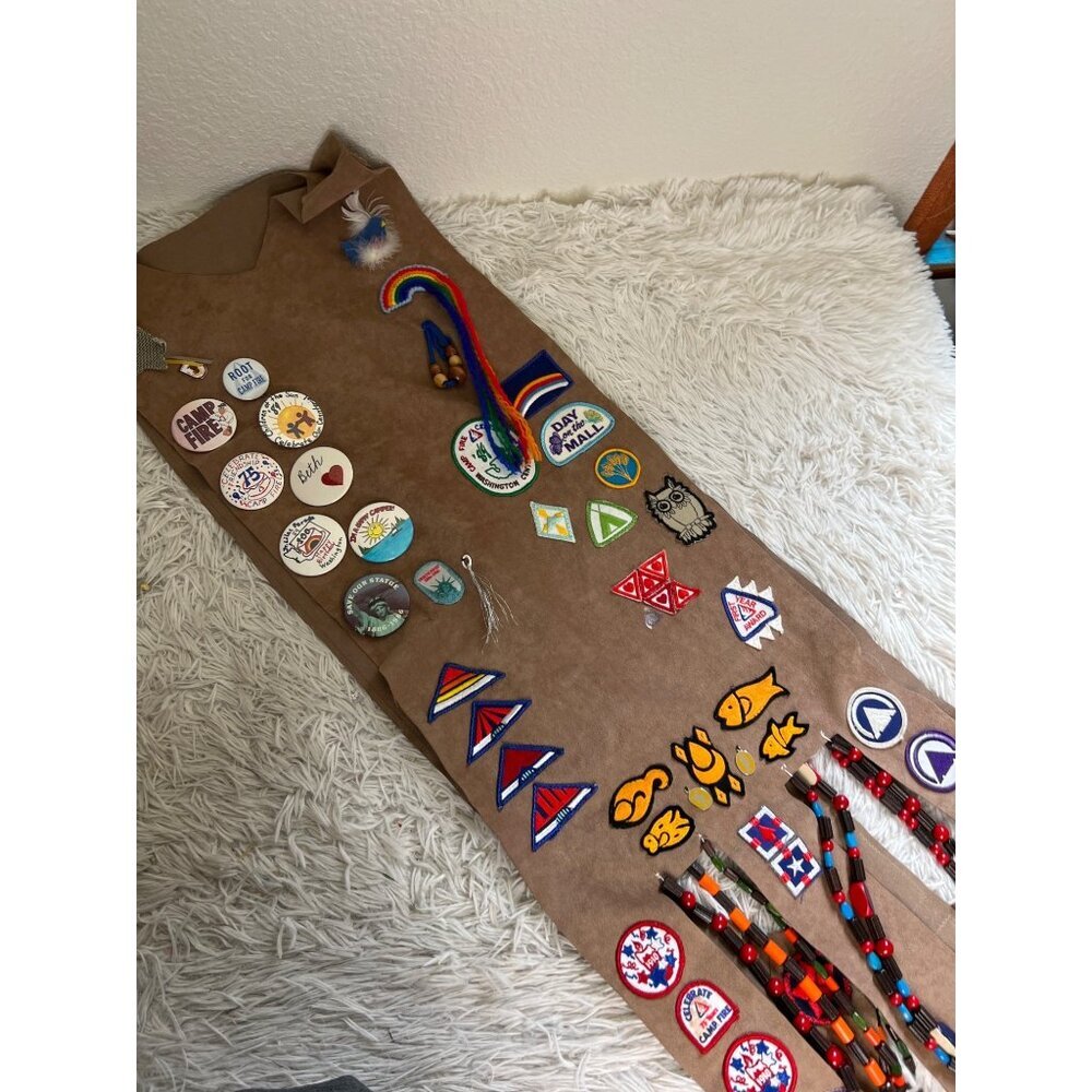 Vintage Campfire Girls Sash Ceremonial Amazing Piece Pins Patches Beads 80s OOAK